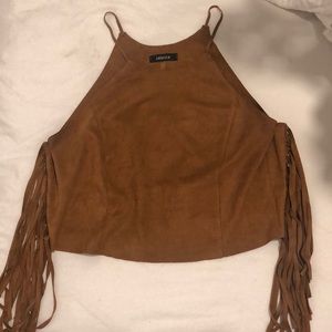 Tan fringe crop top